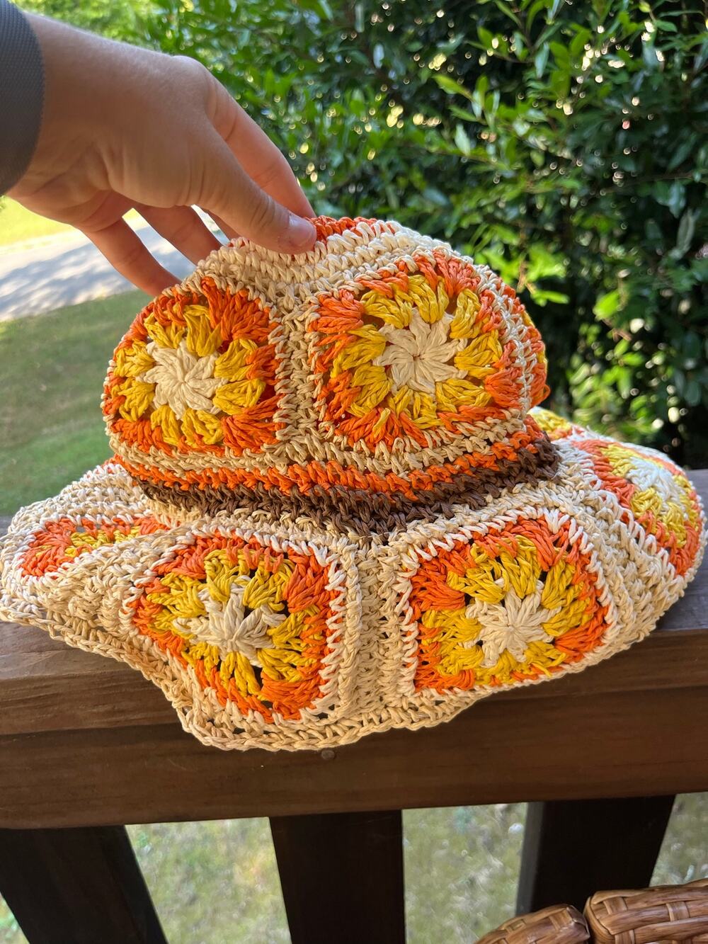 Steve Madden Crochet Granny Square Bucket Hat Orange Yellow Floral Boho Y2K